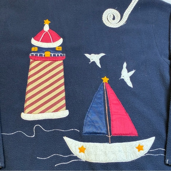 Women’s Fleece Open Front Cardigan Jacket Nautical Appliqué Whip Stitch Navy - Picture 6 of 9